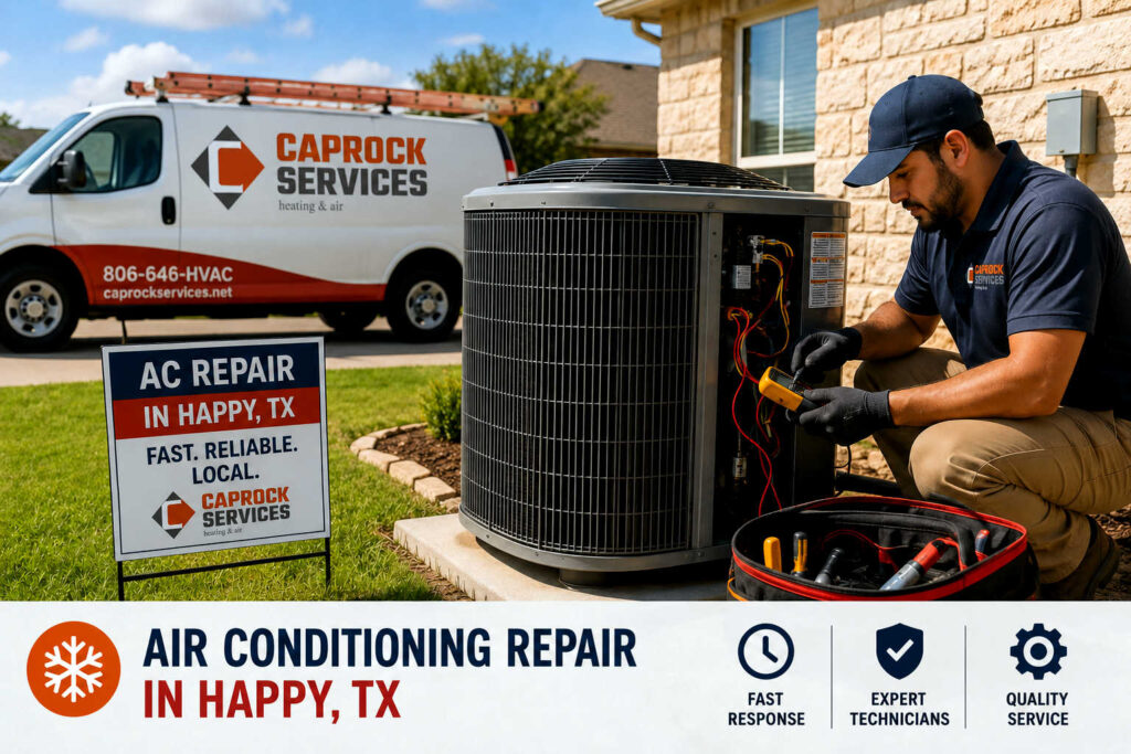 Caprock Services Technician Performing Air Conditioning Repair in Happy, TX