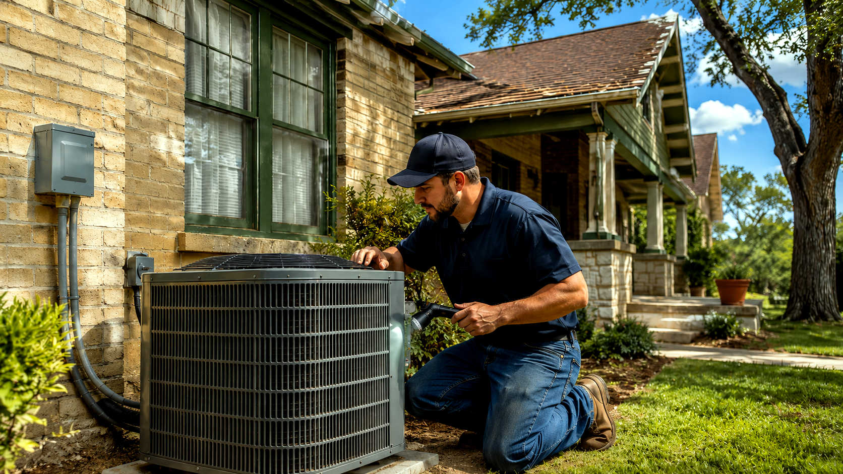HVAC technician inspecting signs of HVAC problems at an older home in Amarillo, TX