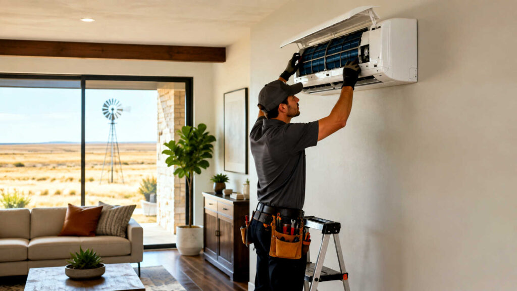Technician Performing Ductless AC Repair in Claude Texas